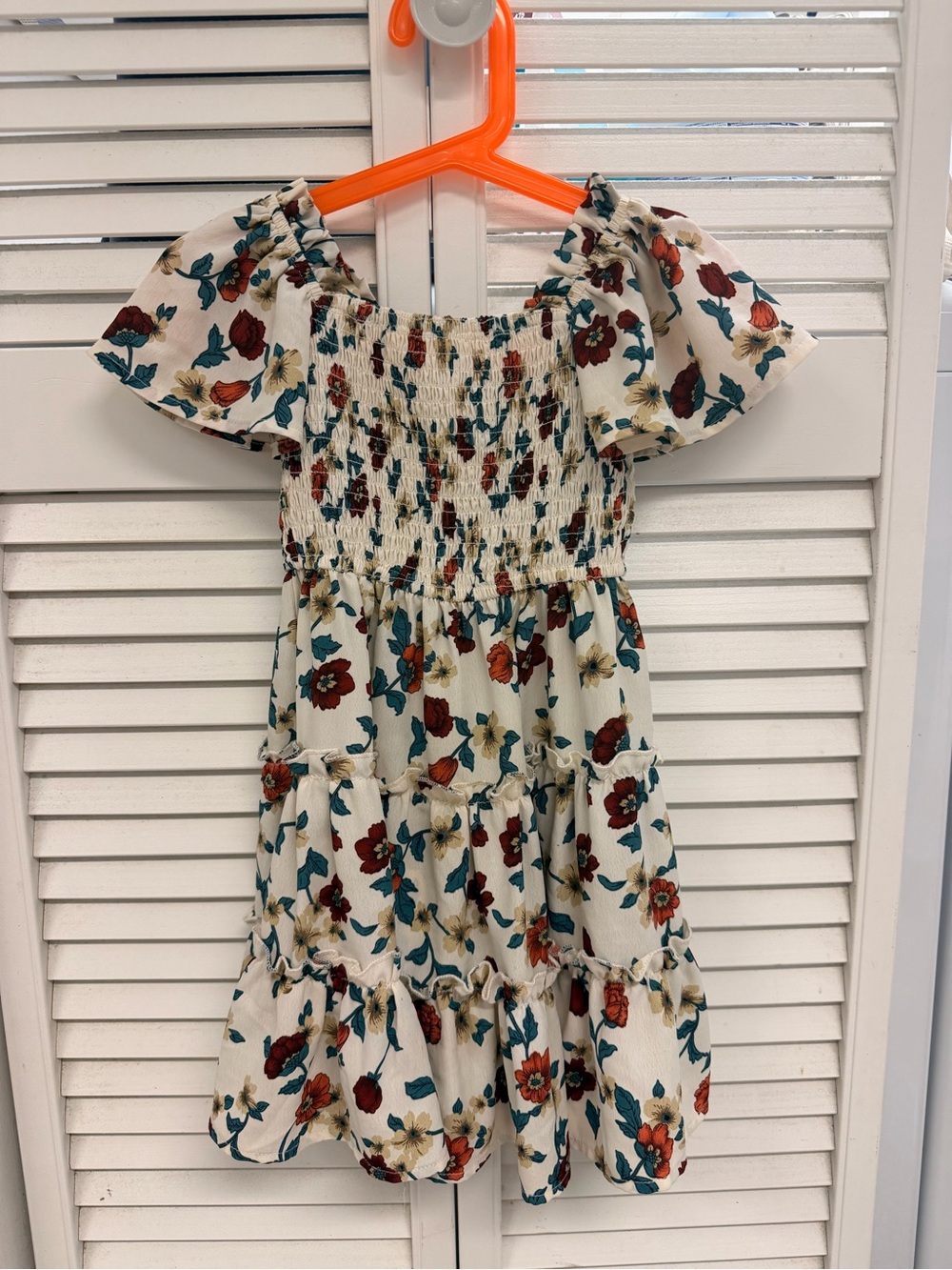 Ivy City Co Cream Floral Smocked Tiered Dress with Red & Teal Blooms